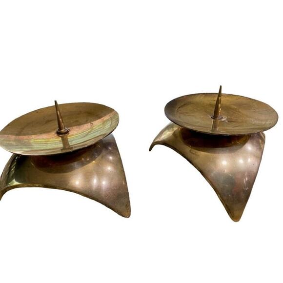 Mid Century Space Age Candleholders Solid Brass Pair • Large - Picture 8 of 8